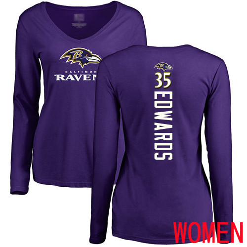 Baltimore Ravens Purple Women Gus Edwards Backer NFL Football #35 Long Sleeve T Shirt